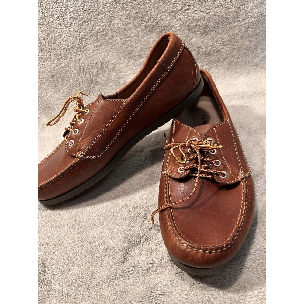 LL Bean Moccasins Men's 13 Brown Leather Blucher Moc Handsewn Loafers EUC